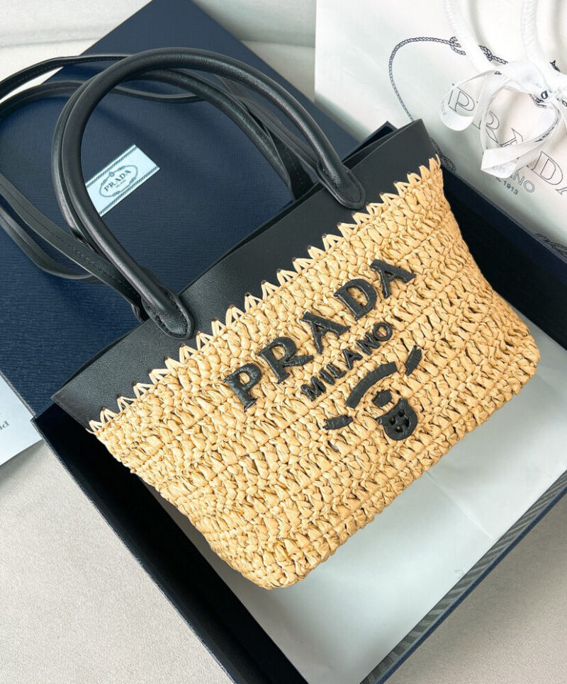 Prada Mini Crochet And Leather Tote Bag 1BG501 Apricot
